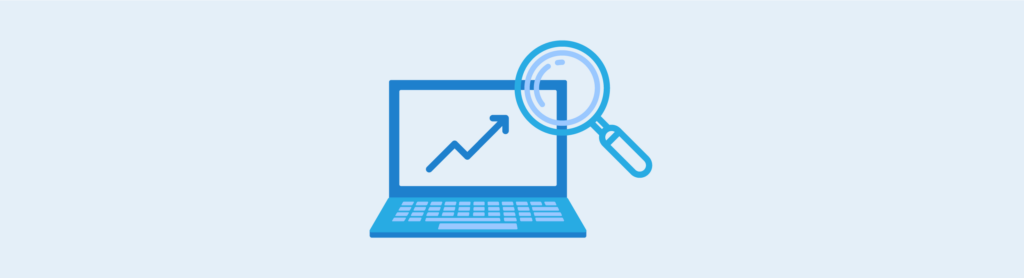 Improve your rankings graphic. Icon of a laptop, with an upwards graph arrow and magnifying glass