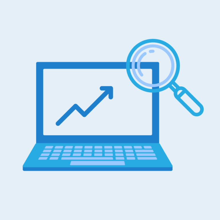 Improve your rankings graphic. Icon of a laptop, with an upwards graph arrow and magnifying glass - square