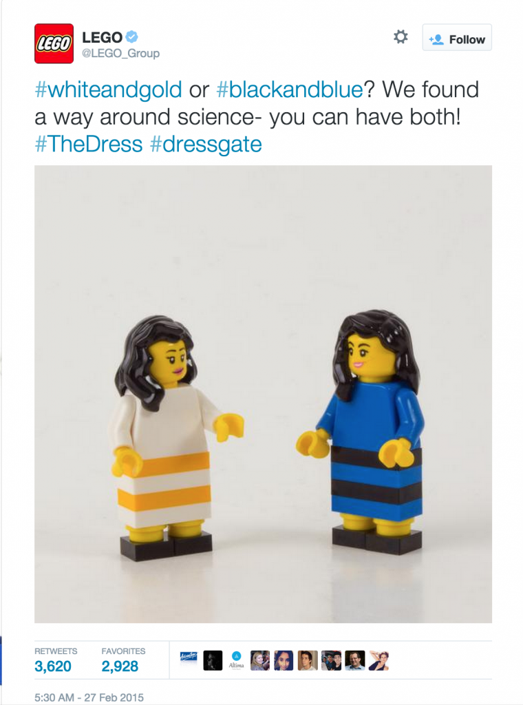 response from Lego regarding dressgate. An mage depicting two lego women in one in a white and gold dress, and the other in a black and blue dress.